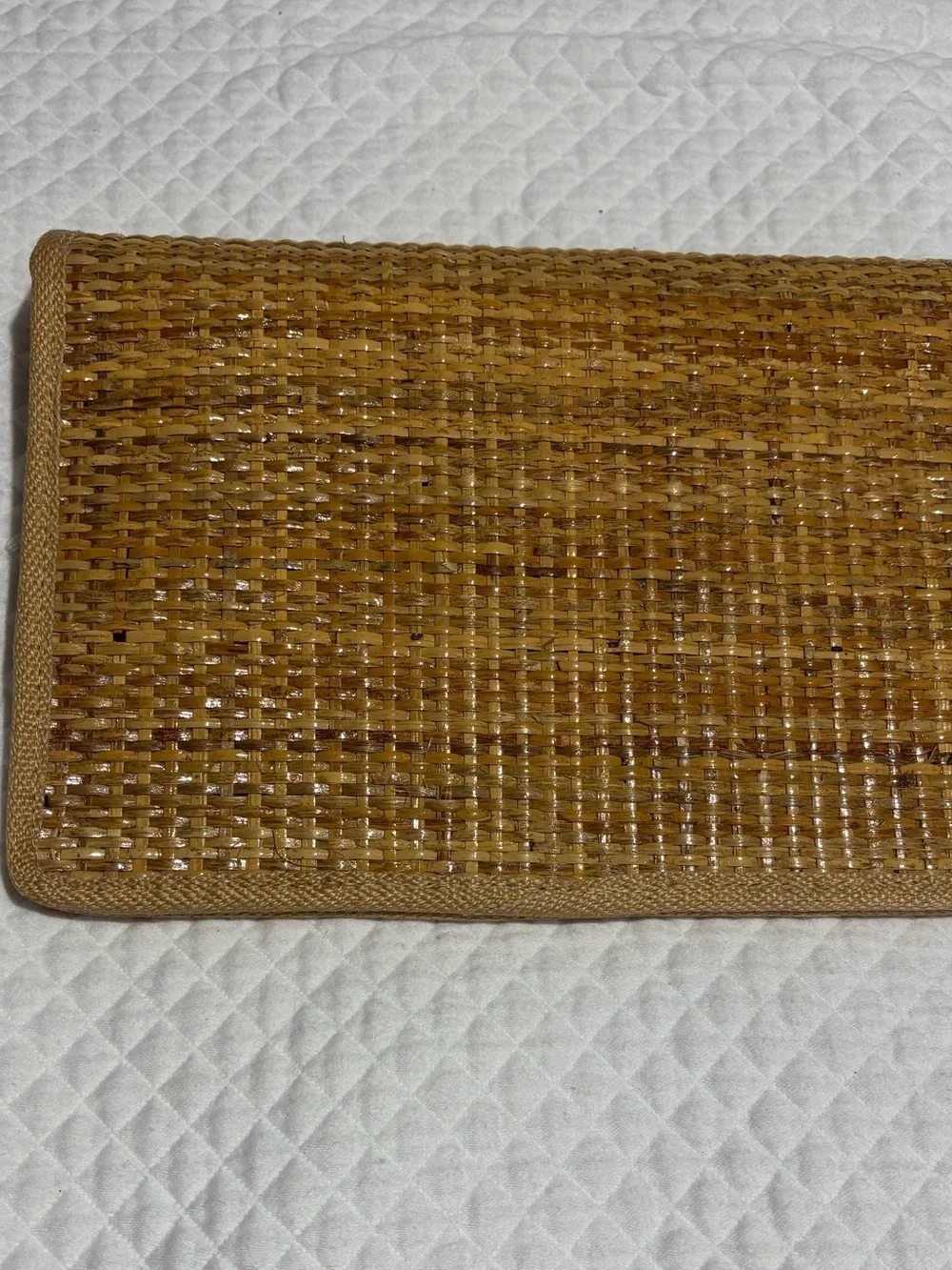 Castelli Vintage Glossy Woven Wicker Clutch in Warm Tan with Oval Metal Accent